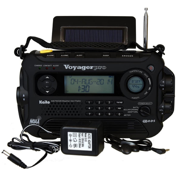 Kaito Voyager Pro KA600 Digital Solar Dynamo,Wind Up,Dynamo Cranking AM/FM/LW/SW & NOAA Weather Emergency Radio with Flashlight, Reading Lamp Alert,Smart Phone Charger & RDS and Real-Time Alert, with AC Adapter Black