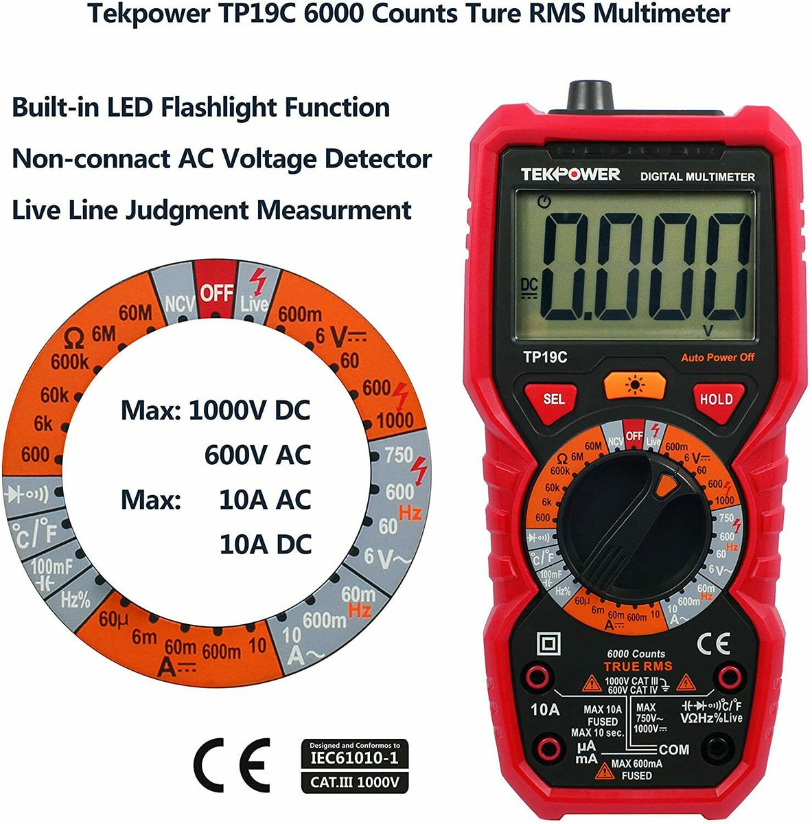 Tekpower TP19C True RMS AC/DC 10A Digital Multimeter With NCV And Flas ...