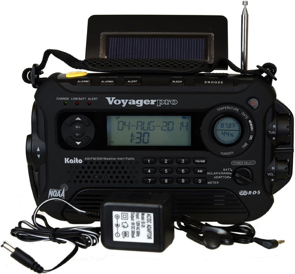 Kaito Voyager Pro KA600 Bundle Digital Solar Dynamo Wind Up Cranking AM/FM/LW/SW & NOAA Weather Emergency Radio with Flashlight, Reading Lamp Alert Smart Phone Charger with AC Adapter