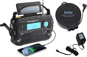 Kaito Voyager Pro KA600 Bundle Digital Solar Dynamo Wind Up Cranking AM/FM/LW/SW & NOAA Weather Emergency Radio with Flashlight, Reading Lamp Alert Smart Phone Charger with AC Adapter and T1