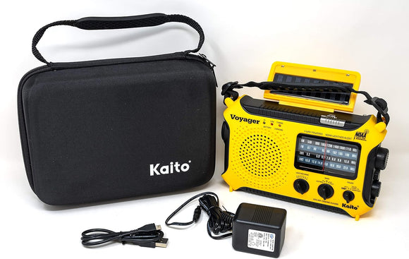 Kaito KA500 Voyager Solar Crank Emergency Weather Alert Radio Bundle with AC Adapter and Carrying Case, Yellow