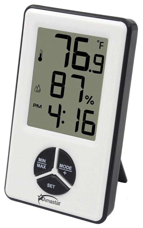 Amastar A0412 Indoor Hygrometer Thermometer Clock Portable Digital Temperature Humidity Monitor with Time Alarm