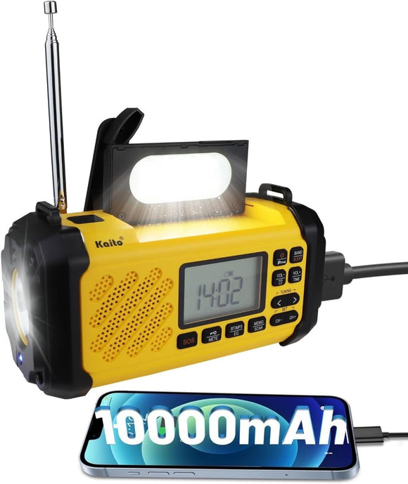 Kaito KA279 Digital Emergency Radio with Solar & Crank 10000 mAh Rechargeable Battery MP3 Player, Built-in Flashlight AM/FM/NOAA Weather Alert