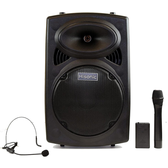 Hisonic HS420 Rechargeable Portable PA System with Dual Wireless Microphones with MP3 Player/Recorder, Bluetooth Connection and Tripod Included