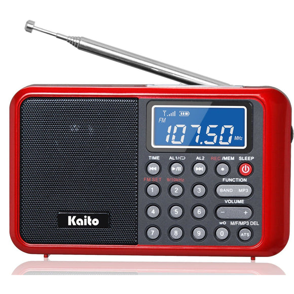 Kaito KA108 Super Sound quality AM FM Shortwave Radio with MP3 Player and Radio Recorder, Radio Time Schedule Recorder Alarm Clock Red