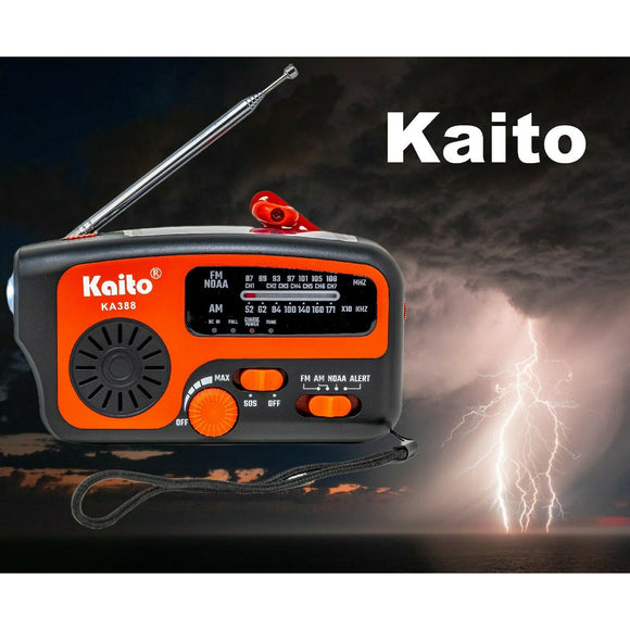 Kaito KA388 AM/FM NOAA Weather Alert Emergency Radio with Crank and Solar Red