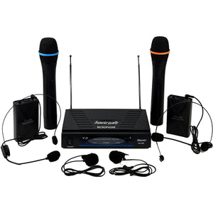 Hisonic HS596B Dual Wireless Microphone System, Deluxe Package: 2 Handheld & 2 Body Pack Transmitter with 2 Lavaliere and 2 Headset Microphones
