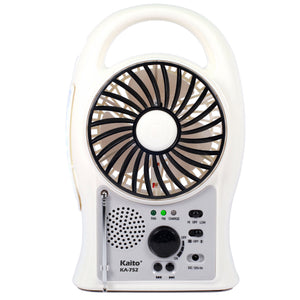 Kaito 3-in-1 KA752 Rechargeable 5" 2-Speed Battery-Powered Personal Fan with Scan FM Radio & 24-LED Camping Lantern