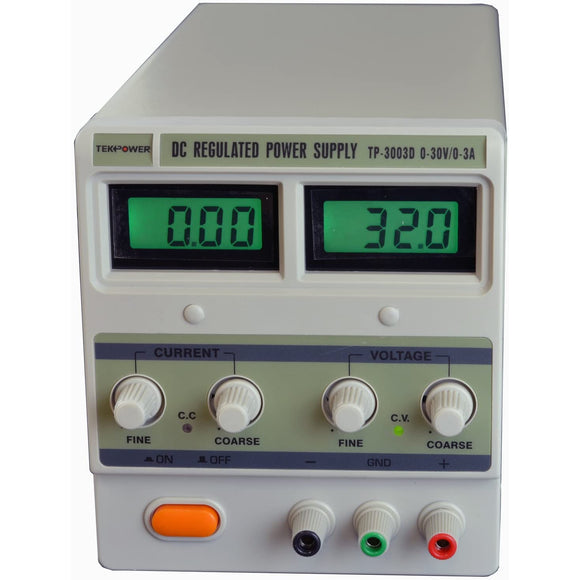 Tekpower TP-3003D Digital Variable Linear-Type DC Power Supply, 0-30 Volts @ 0-3 Amps with Alligator and Banana Connector Cable
