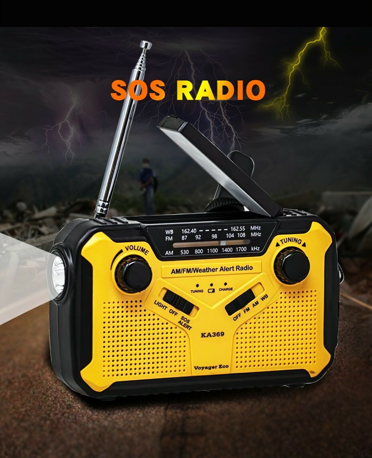 Kaito KA339 Dynamo Solar Powered AM/FM Radio With Solar Panel and Charge  out Feature (Yellow)