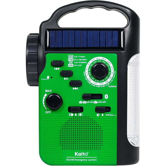 Kaito KA340 5-Way Powered Rechargeable LED Camping Lantern & Emergency AM/FM/SW NOAA Weather Alert Radio with Bluetooth, Flashlight, 5V USB Mobile Phone Charger, MP3 Player & Siren, Green